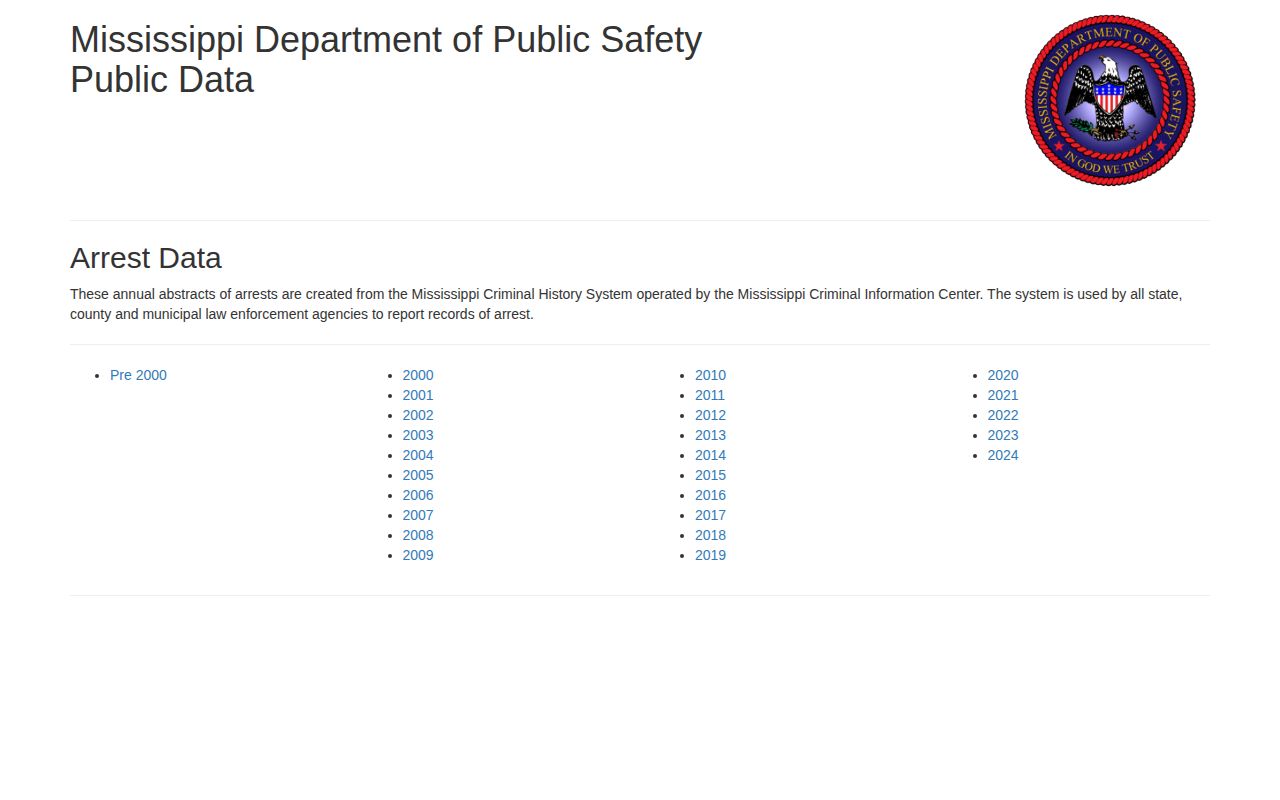 Tunica County historical arrest record access through the Mississippi DPS portal